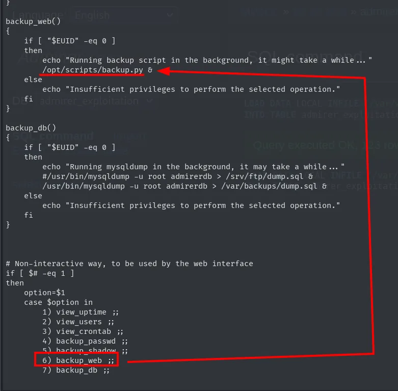 la función backup_web del script llama a /opt/scripts/backup.py en segundo plano, y el case asocia la opción 6 a backup_web