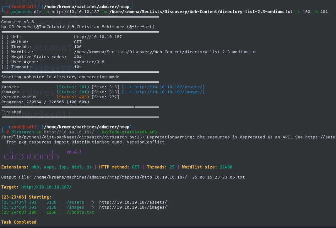 gobuster encuentra /assets, /images y /server-status; dirsearch encuentra lo mismo más robots.txt