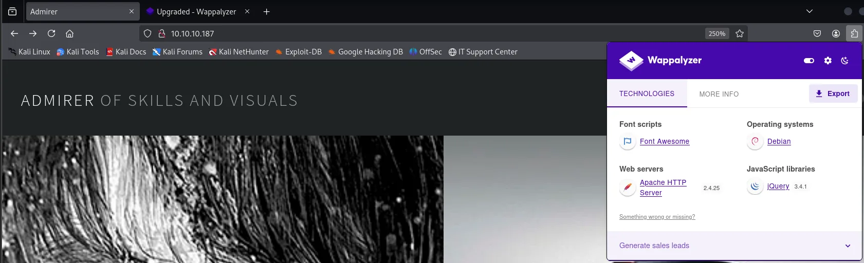 Wappalyzer sobre la web de Admirer: Apache HTTP Server 2.4.25, Debian, jQuery 3.4.1 y Font Awesome