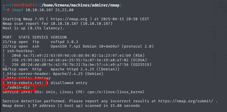 nmap -sCV identifica vsftpd 3.0.3, OpenSSH 7.4p1 Debian y Apache 2.4.25, y el script http-robots.txt revela /admin-dir