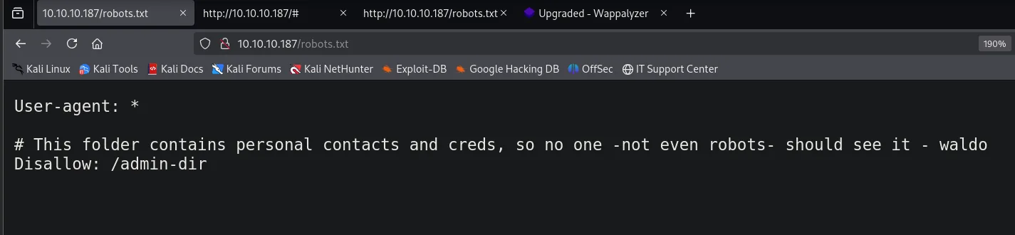 robots.txt de Admirer: el comentario revela que /admin-dir contiene contactos y credenciales