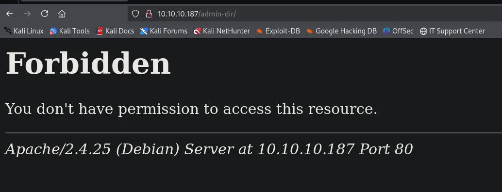la ruta /admin-dir devuelve un 403 Forbidden de Apache 2.4.25