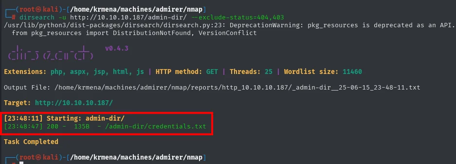 dirsearch sobre /admin-dir/ encuentra credentials.txt con respuesta 200 y 135 bytes