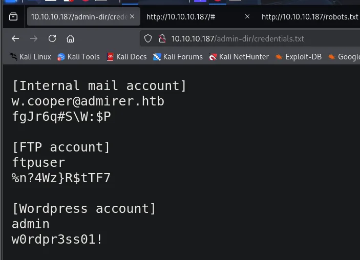 credentials.txt expuesto bajo /admin-dir con cuentas de correo, FTP y WordPress