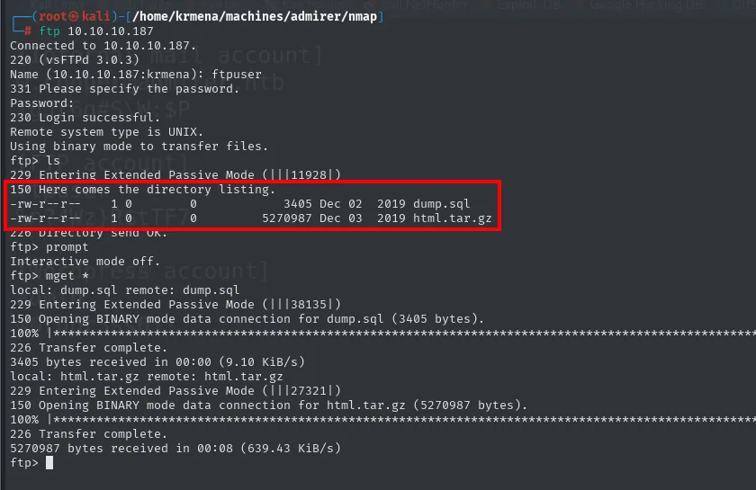 acceso al FTP con ftpuser y descarga de dump.sql y html.tar.gz con mget