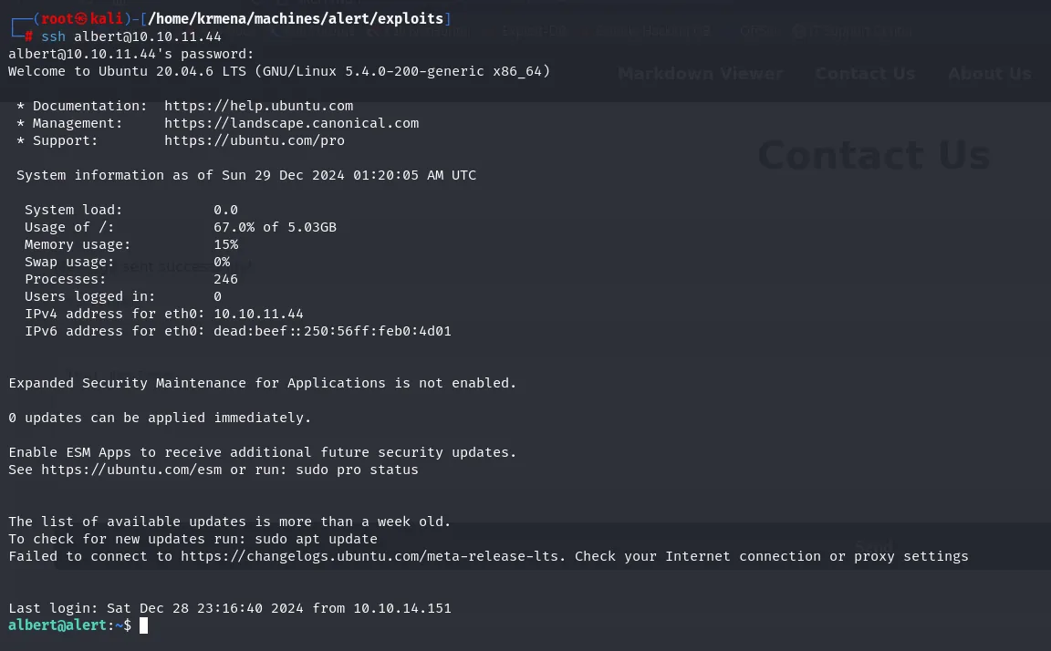 acceso por SSH como albert con la contraseña recuperada