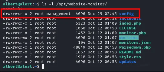 ls -l de /opt/website-monitor: el directorio config es root:management y escribible por grupo