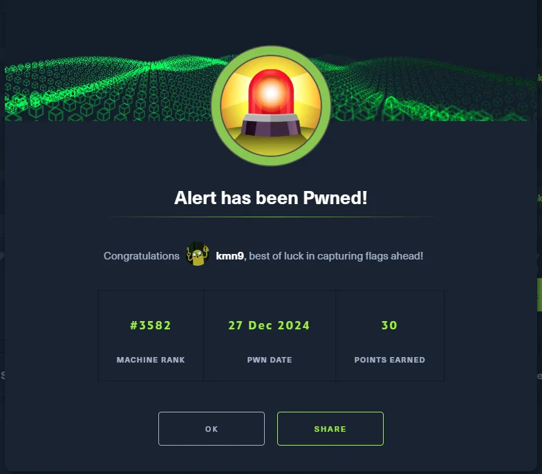 la pantalla de HackTheBox confirmando que Alert ha sido comprometida