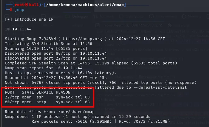jmap lanza el escaneo SYN completo contra 10.10.11.44 y encuentra 22/ssh y 80/http con syn-ack ttl 63