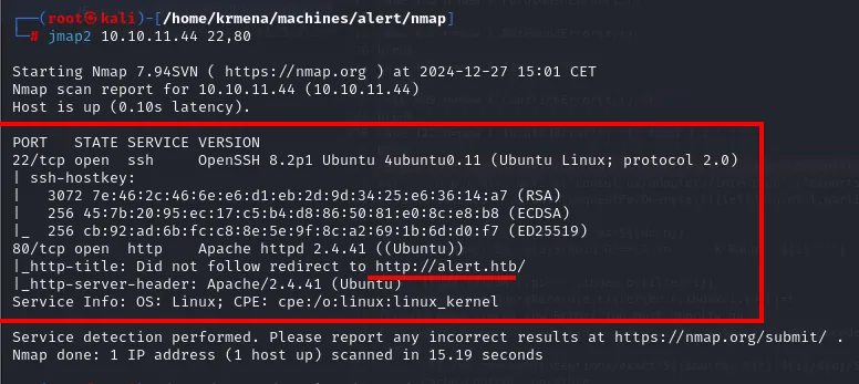 nmap -sCV: OpenSSH 8.2p1, Apache 2.4.41 y la redirección a alert.htb