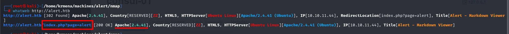 whatweb identifica Apache en alert.htb