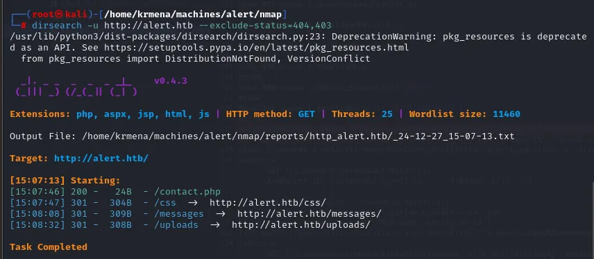 dirsearch encuentra contact.php, css, messages y uploads en alert.htb