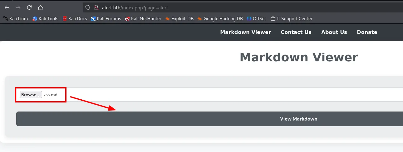 el fichero xss.md seleccionado en el formulario, listo para pulsar View Markdown