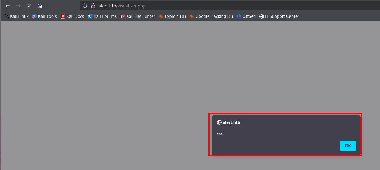 el payload <img onerror> ejecuta JavaScript: el alert de XSS salta en visualizer.php