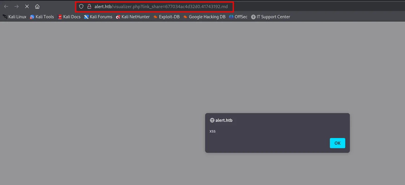 el enlace generado, visualizer.php?link_share=677034ac4d32d0.41743192.md, vuelve a disparar el alert de xss al abrirlo