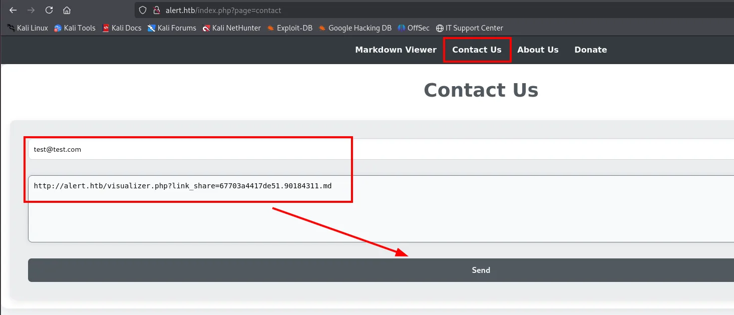 el formulario Contact Us relleno con test@test.com y el enlace del Markdown compartido en el cuerpo