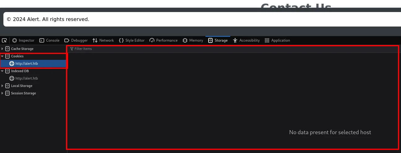 el panel de almacenamiento del navegador no muestra ninguna cookie para alert.htb