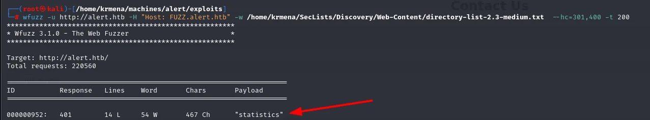 wfuzz encuentra el mismo subdominio statistics con un 401 entre 220560 peticiones
