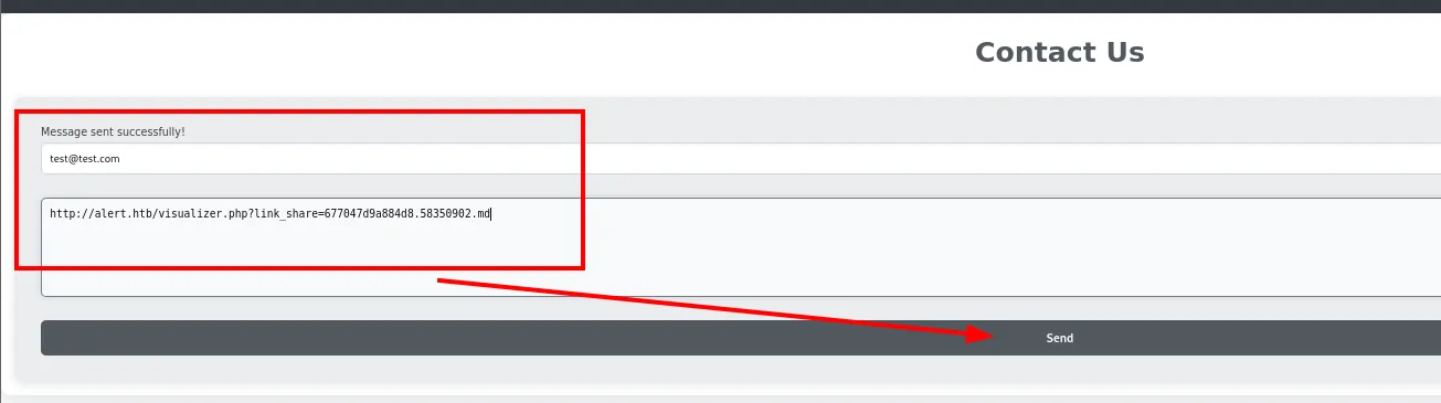 el formulario Contact Us confirma Message sent successfully! con el enlace en el cuerpo