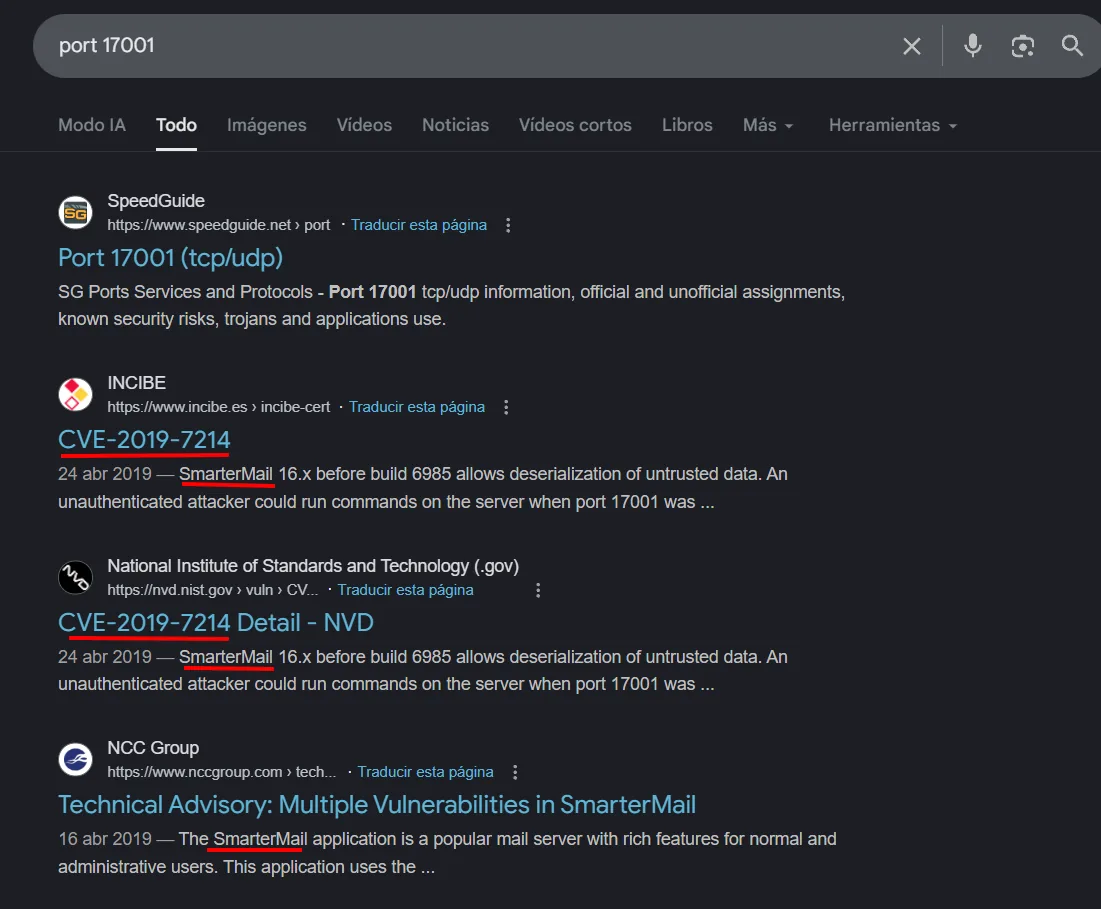Búsqueda de "port 17001" que enlaza CVE-2019-7214: SmarterMail 16.x before build 6985 allows deserialization of untrusted data