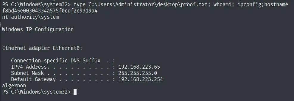 proof.txt leída como nt authority\system en algernon (192.168.223.65)