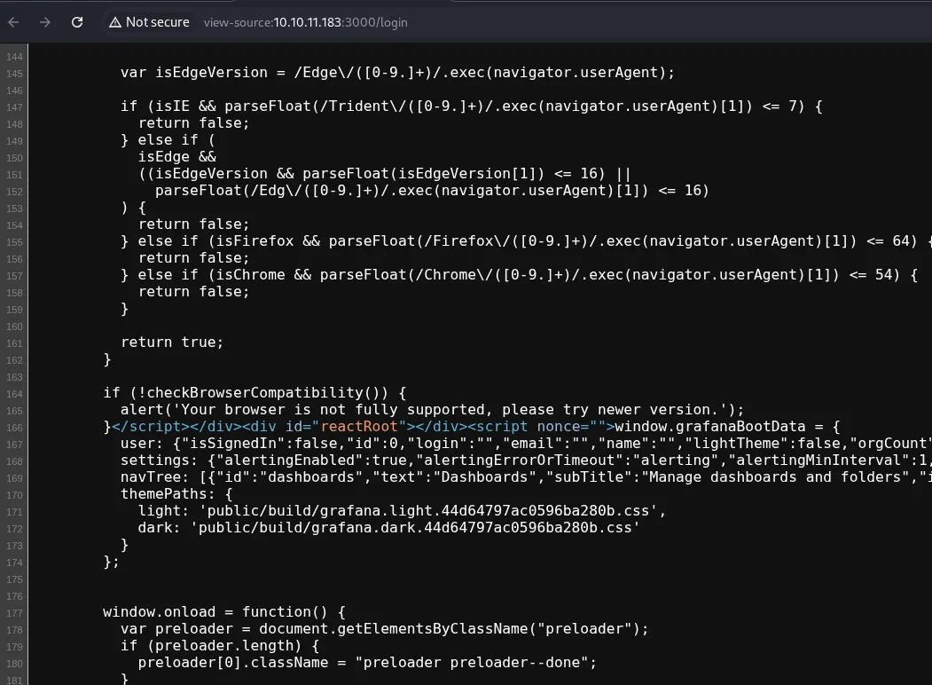 el código fuente del login de Grafana: JavaScript de compatibilidad de navegador y el objeto grafanaBootData