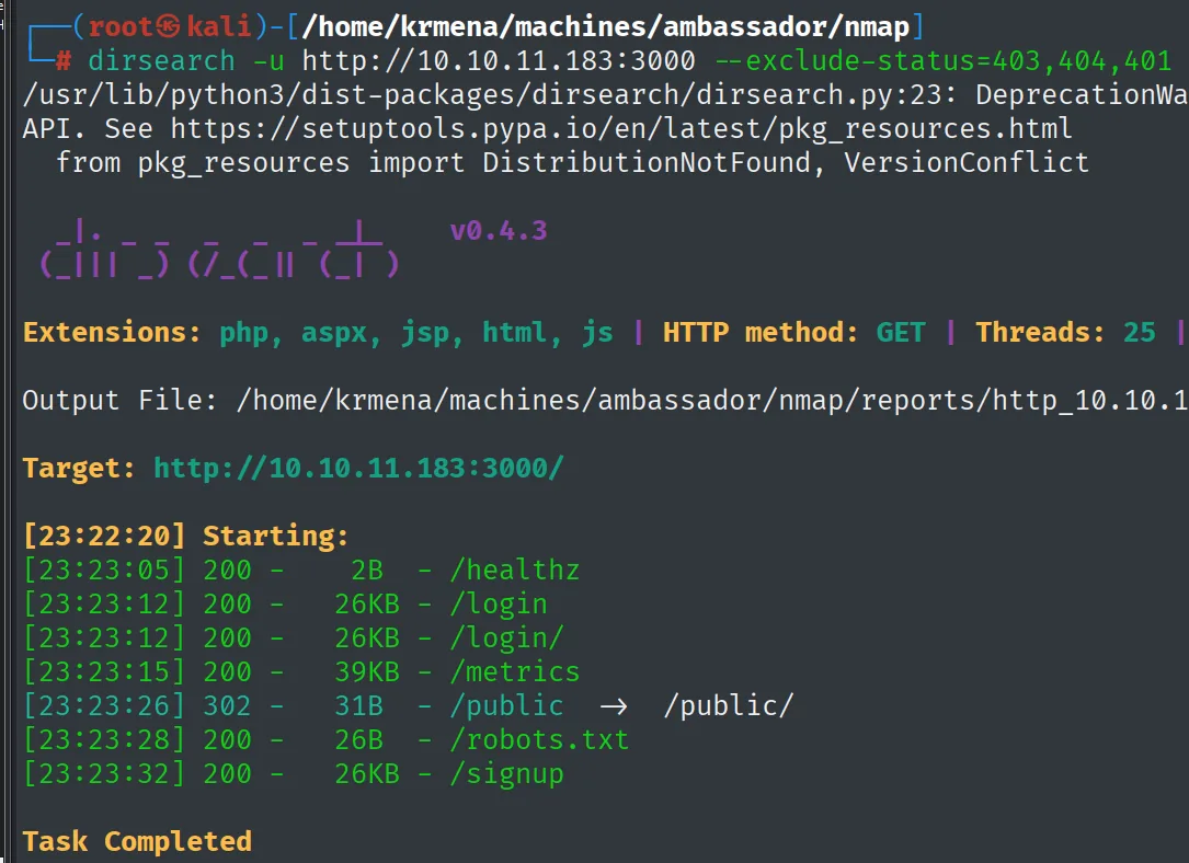 dirsearch sobre el 3000 encuentra healthz, login, metrics, public, robots.txt y signup