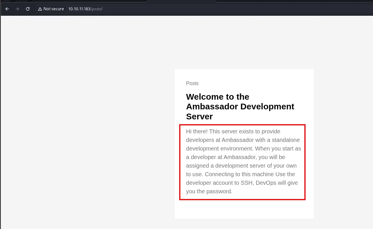 la página /posts/ del puerto 80 con el mensaje de bienvenida y la instrucción de usar la cuenta developer para SSH