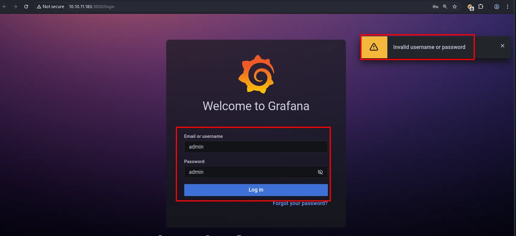 el login de Grafana con admin:admin devuelve Invalid username or password