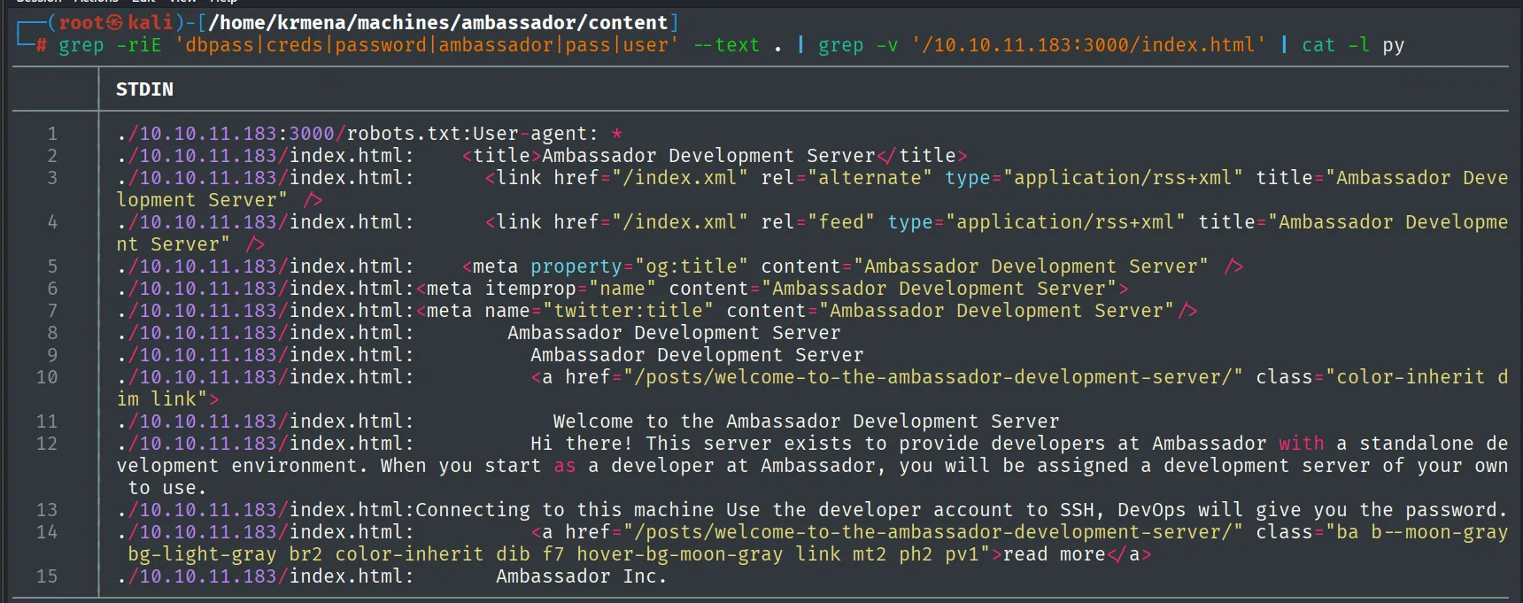 el grep sobre el contenido descargado devuelve una línea clave: Use the developer account to SSH, DevOps will give you the password
