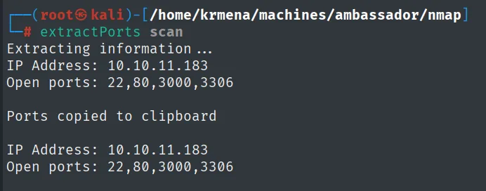 extractPorts imprime IP 10.10.11.183 y puertos 22,80,3000,3306 y los copia al portapapeles