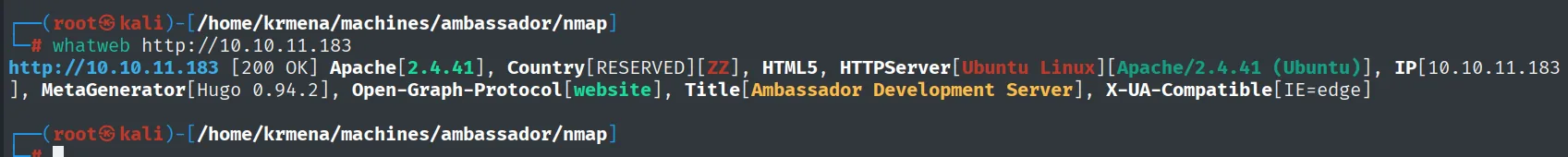 whatweb sobre el puerto 80 identifica Apache 2.4.41 sobre Ubuntu y MetaGenerator Hugo 0.94.2
