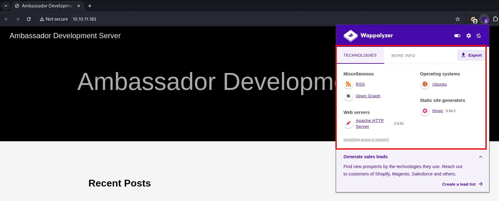 Wappalyzer sobre el puerto 80: Apache HTTP Server 2.4.41, Ubuntu y el generador estático Hugo 0.94.2