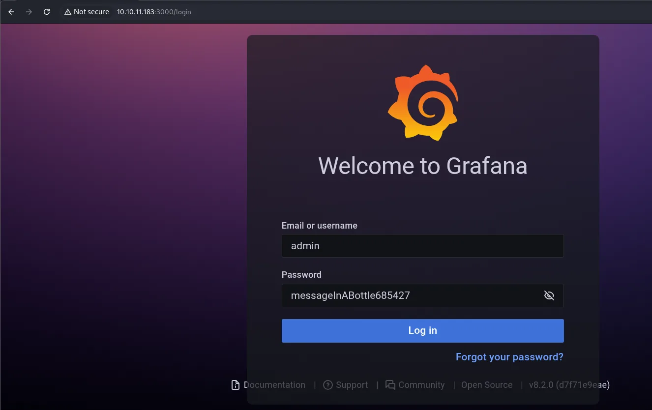 el login de Grafana relleno con admin y la contraseña recuperada de grafana.ini