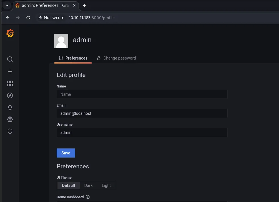 el perfil de Grafana ya autenticado como admin, con el correo admin@localhost