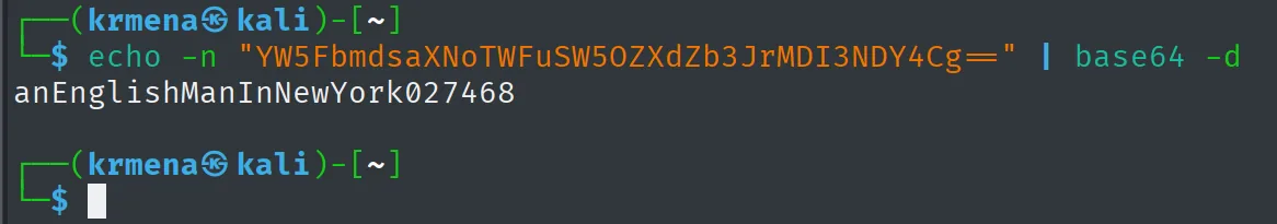 base64 -d revela anEnglishManInNewYork027468