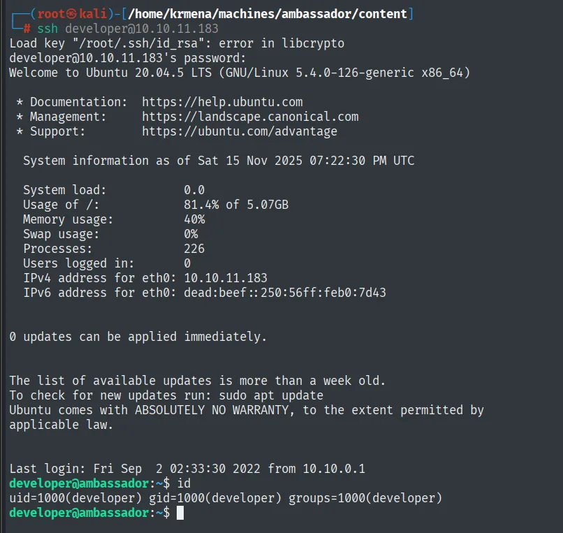 sesión SSH abierta como developer en ambassador