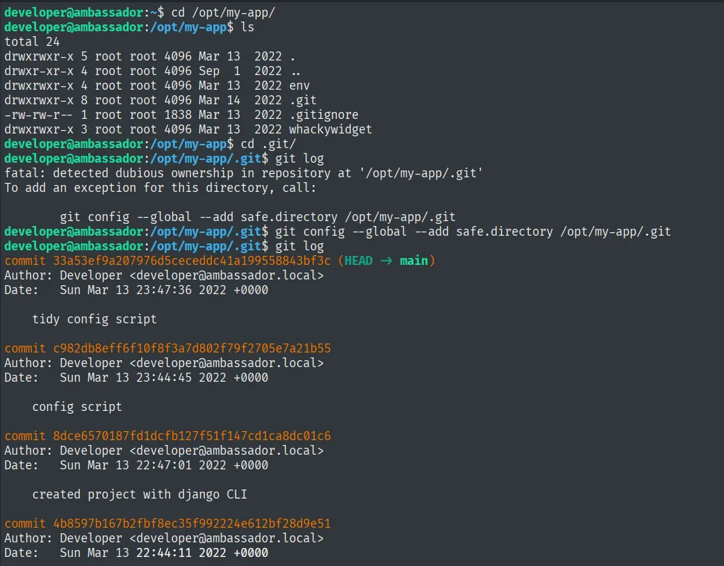 el repositorio /opt/my-app pertenece a root; git log falla por dubious ownership hasta añadirlo como safe.directory, y luego lista cuatro commits